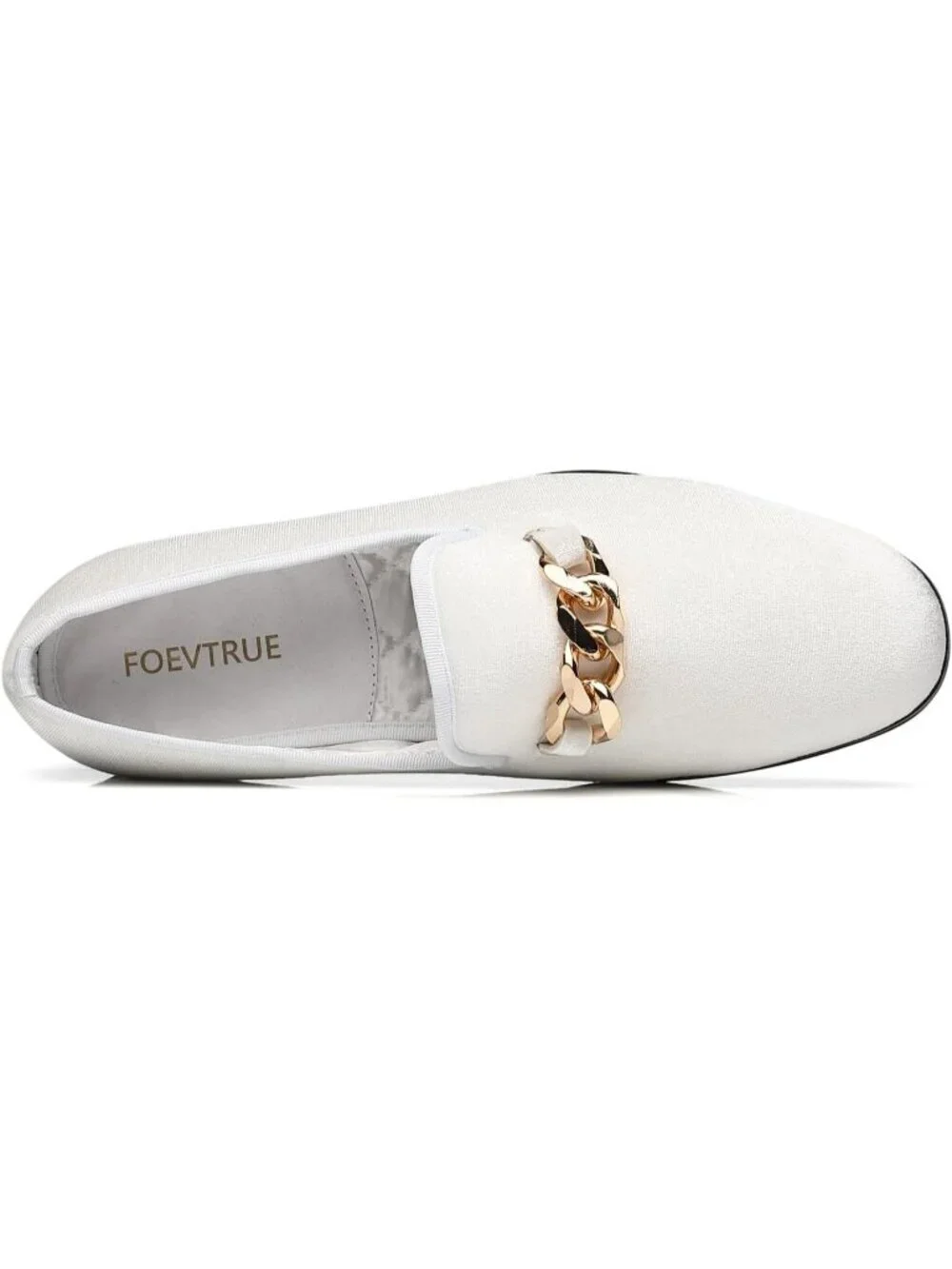 FOEVTRUE Men's White Velvet Loafers Gold Chain Buckle Slip On Fashion Shoes